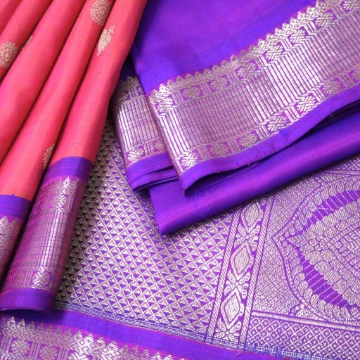 Peachy pink and Dark Orchid Kanchivaram Silk Saree