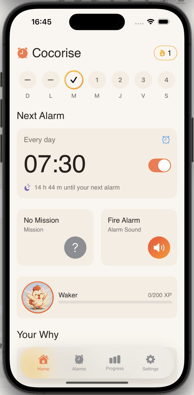 Gold iPhone showing a habit tracker app home screen with four cards for journaling, hydration, and meditation progress, on a light grey background with minimal UI.