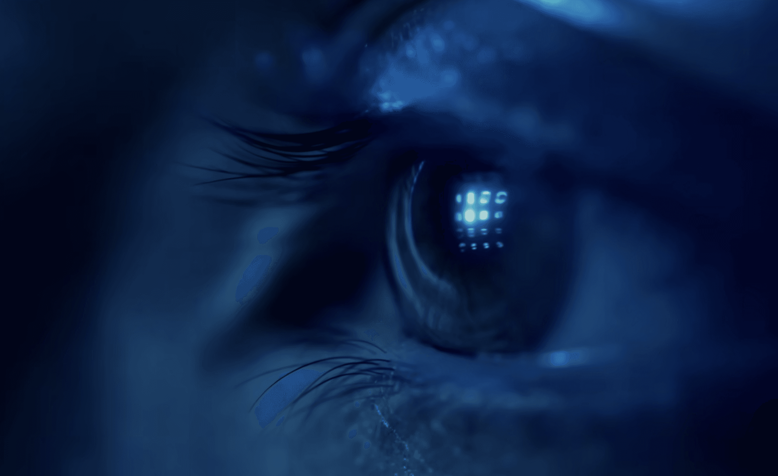 In einem Auge wird ein blaues Rastermuster reflektiert. Bild: Framer