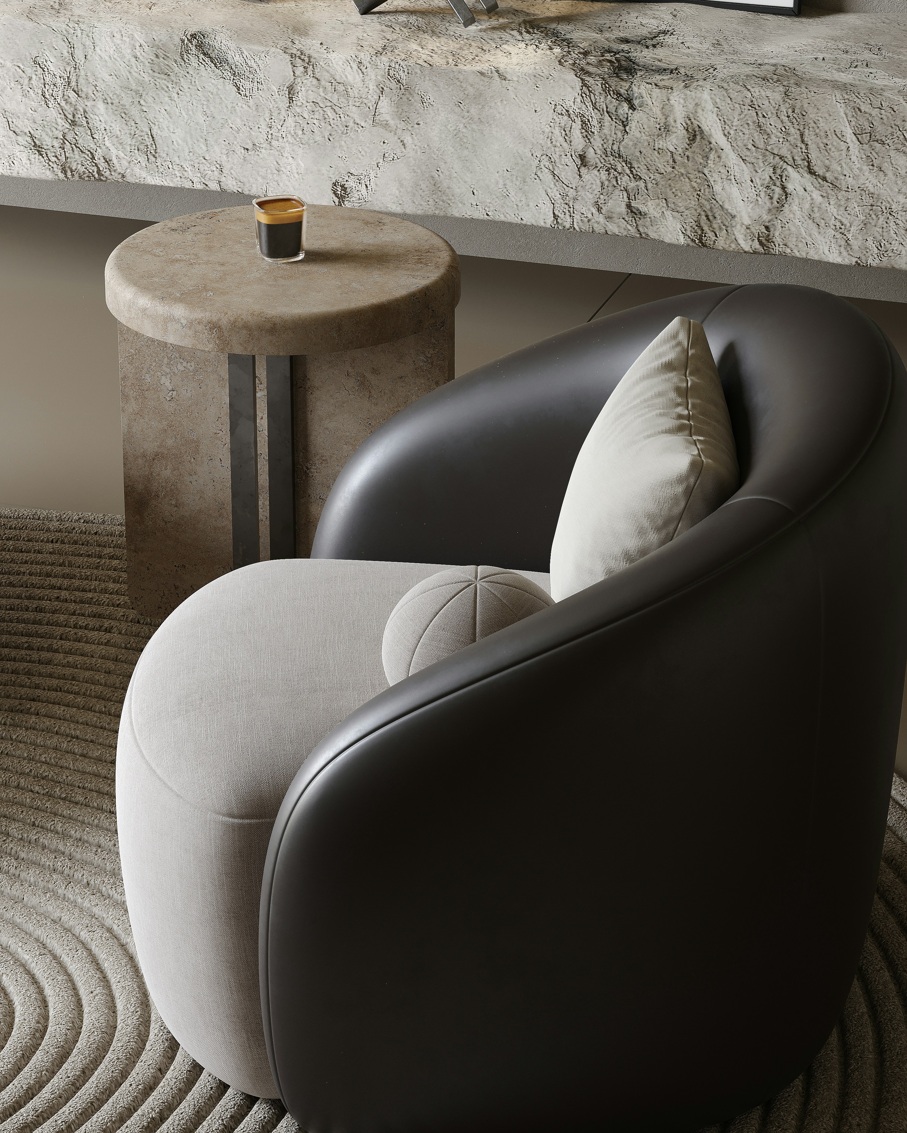 Modern armchair with accent pillow and side table