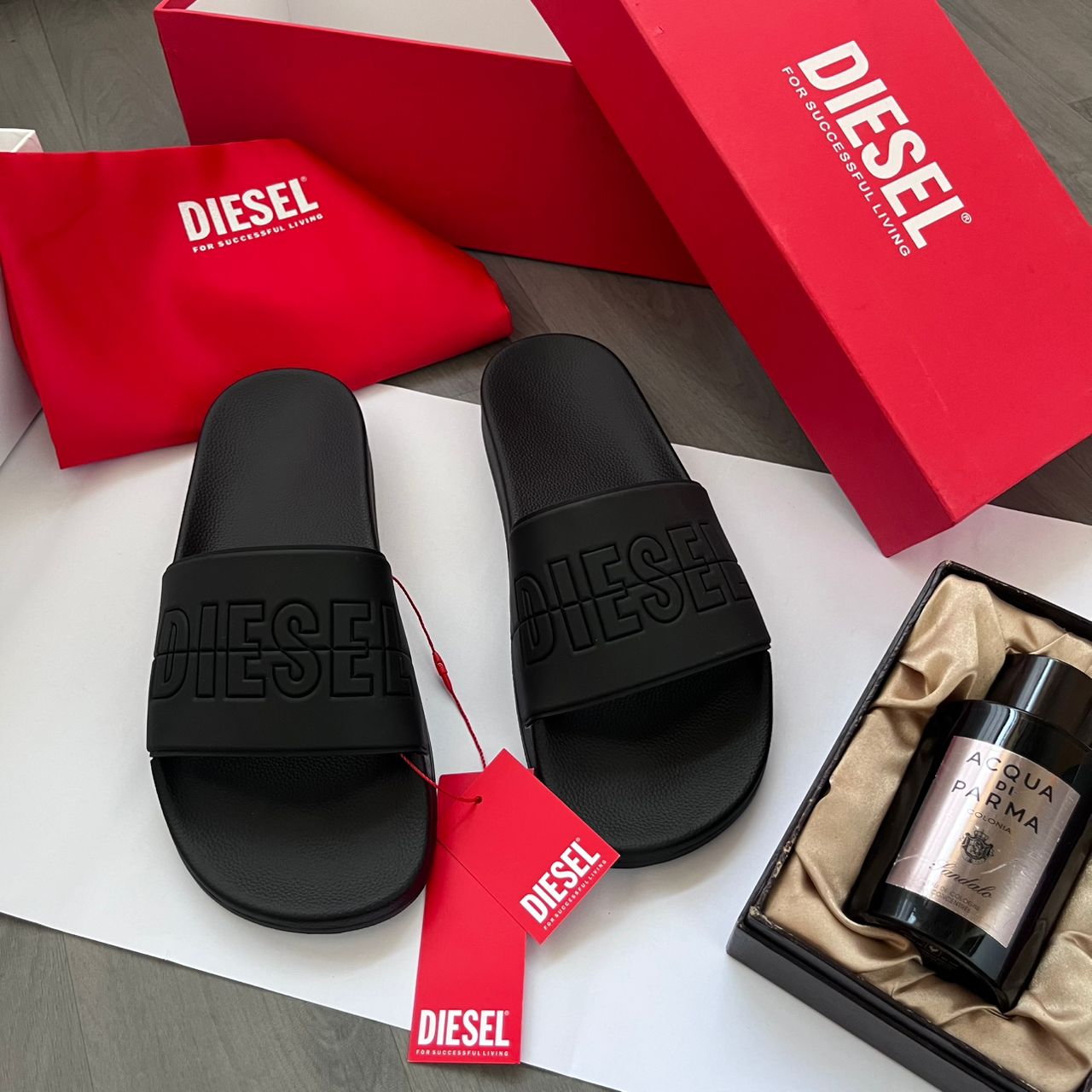 black leather boot on white table