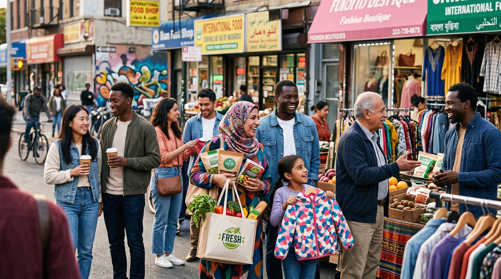 Multicultural families shopping at international market with global food shops and 300 billion spending power