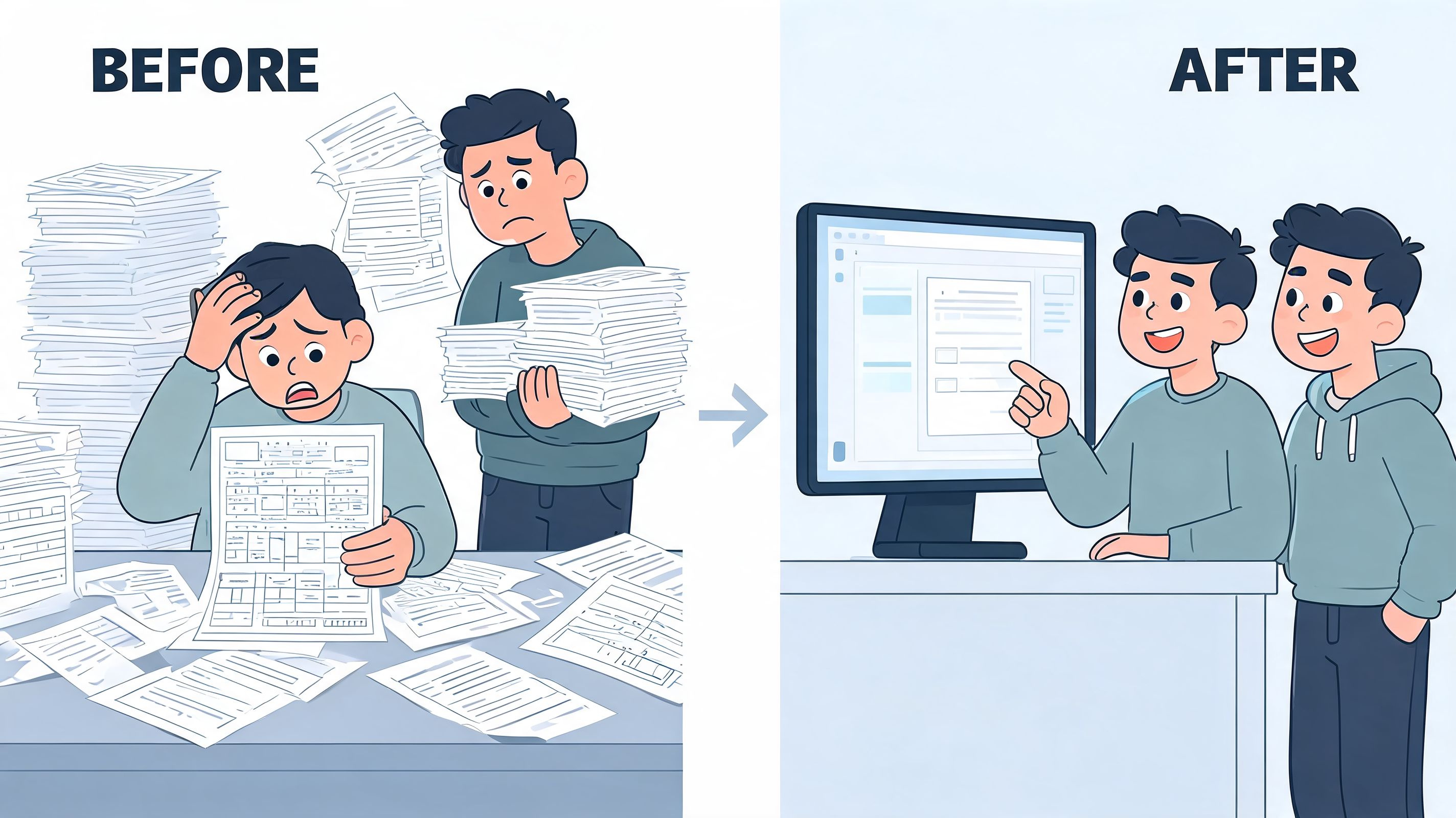 A cartoon illustration showing the transition from a messy paper-based process to digital document workflow software.