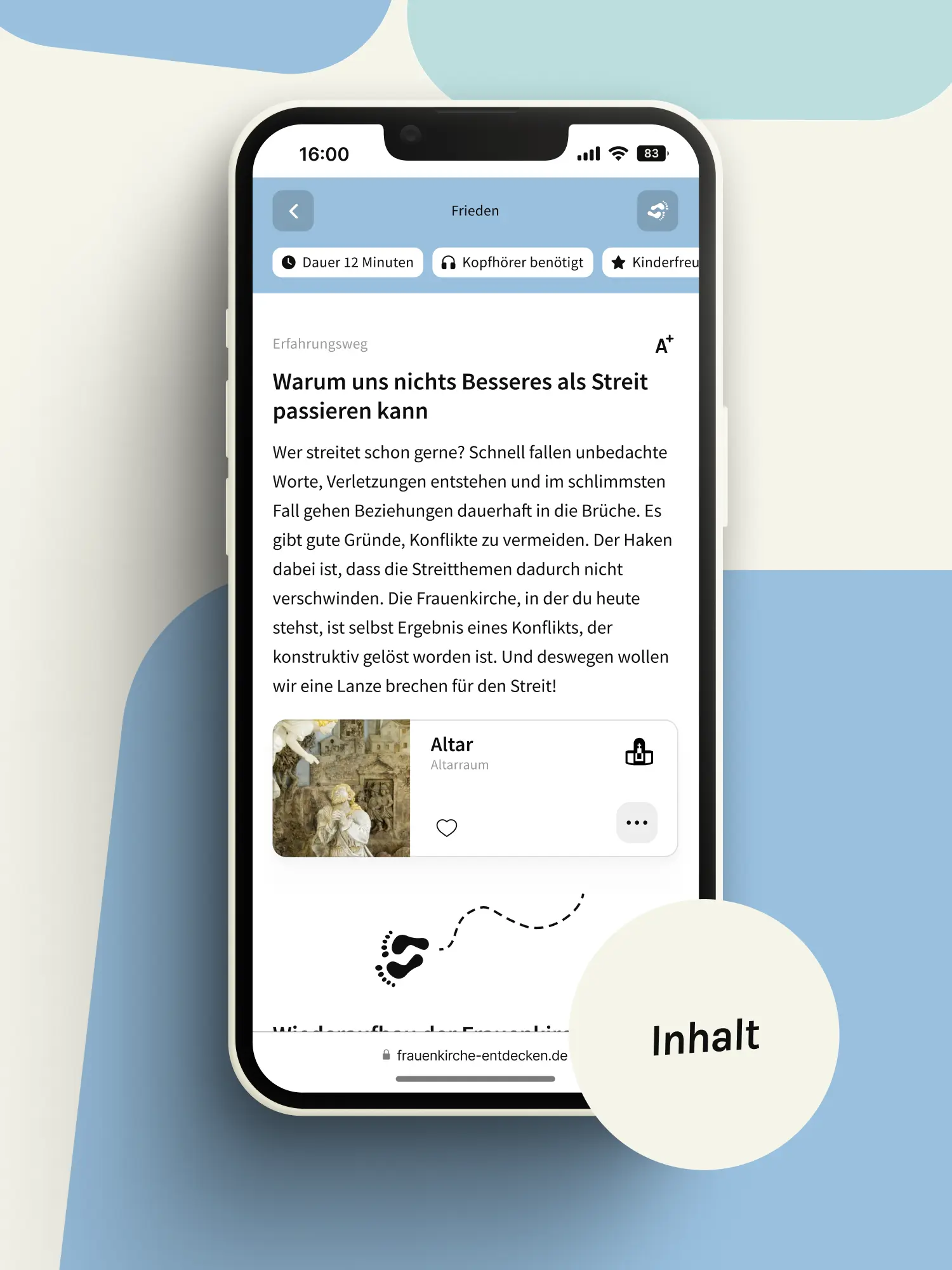 Smartphone mit Erfahrungsweg Frieden und Einblendung „Inhalt“