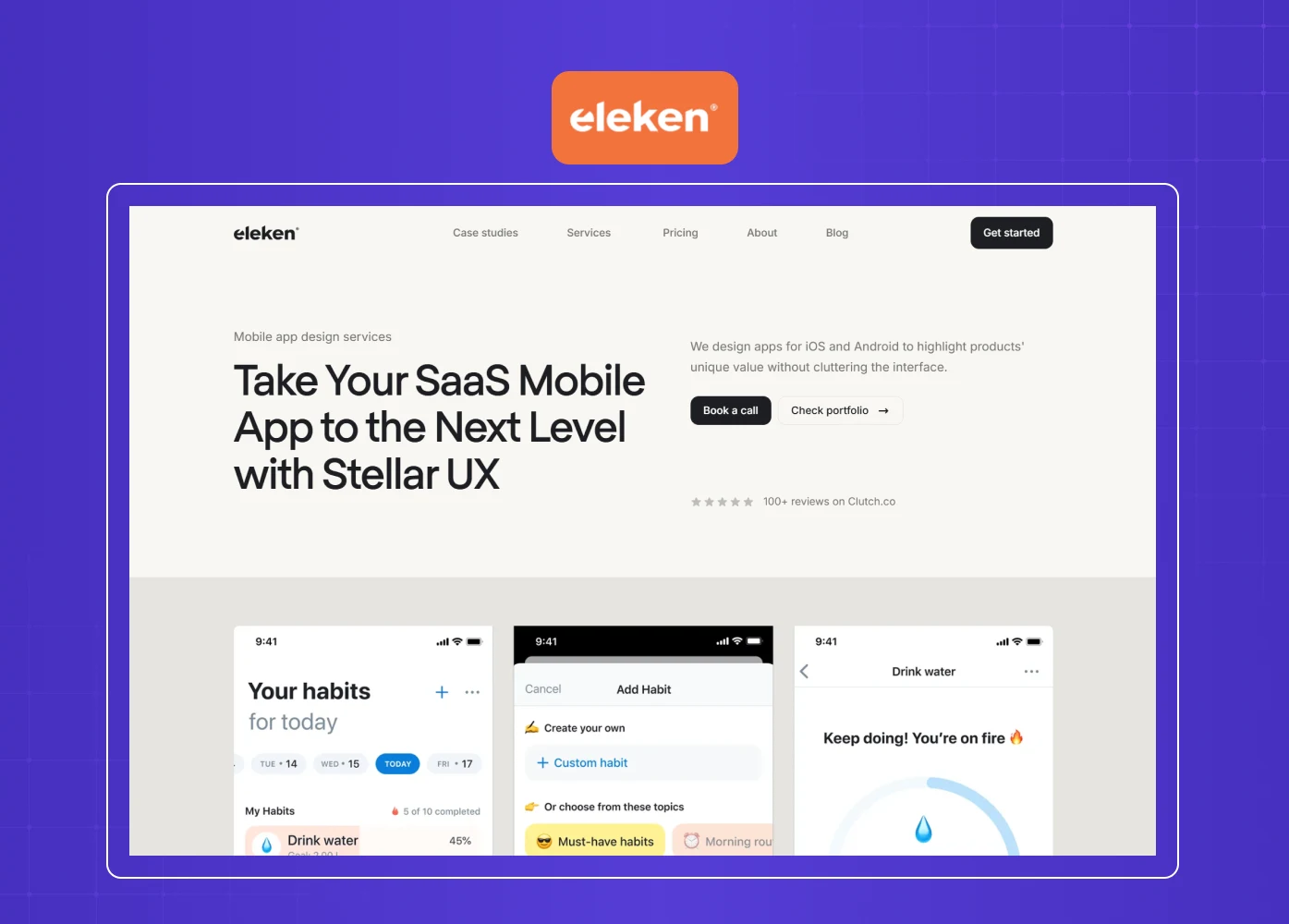 Website showcase of Eleken’s SaaS mobile app UX design landing page with clean layouts and app previews.