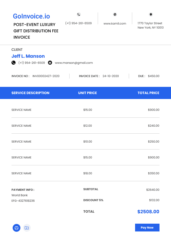 Post-Event Luxury Gift Distribution Fee Invoice