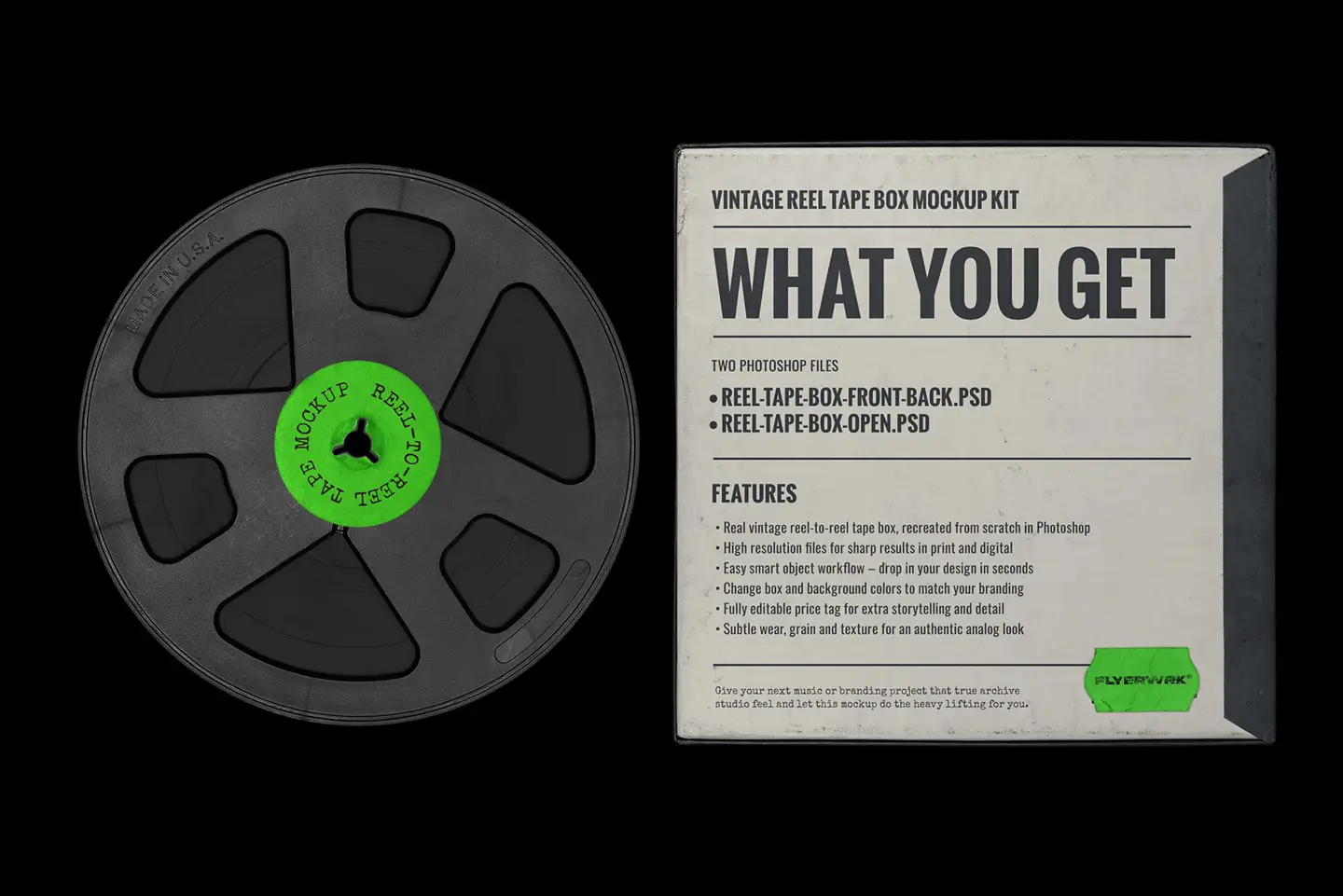 Vintage Reel Tape Box Mockup reel tape and product features overview.