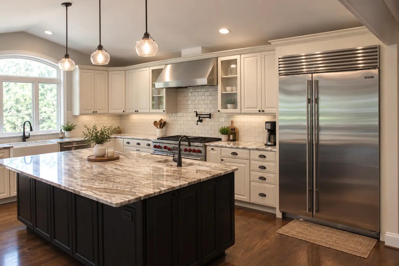 Bright open kitchen with white cabinets, a dark granite island, pendant lights, stainless steel refrigerator, and hardwood floors.