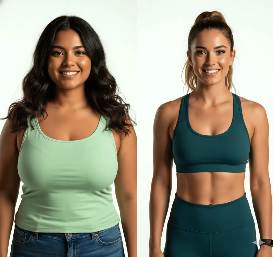 Side-by-side studio photos of the same woman before and after a fitness transformation. On the left, she wears a loose light-green T-shirt and dark leggings with a neutral expression. On the right, she wears a dark green sports bra and leggings, smiling, with a visibly more toned, athletic build.