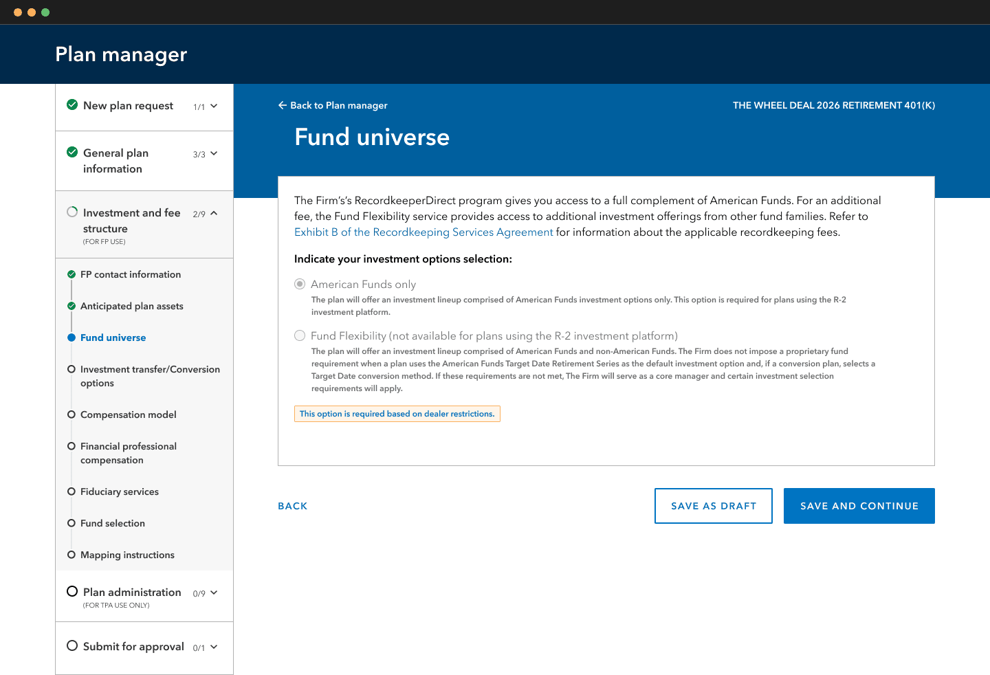 Fund universe with dealer preslected options selected.