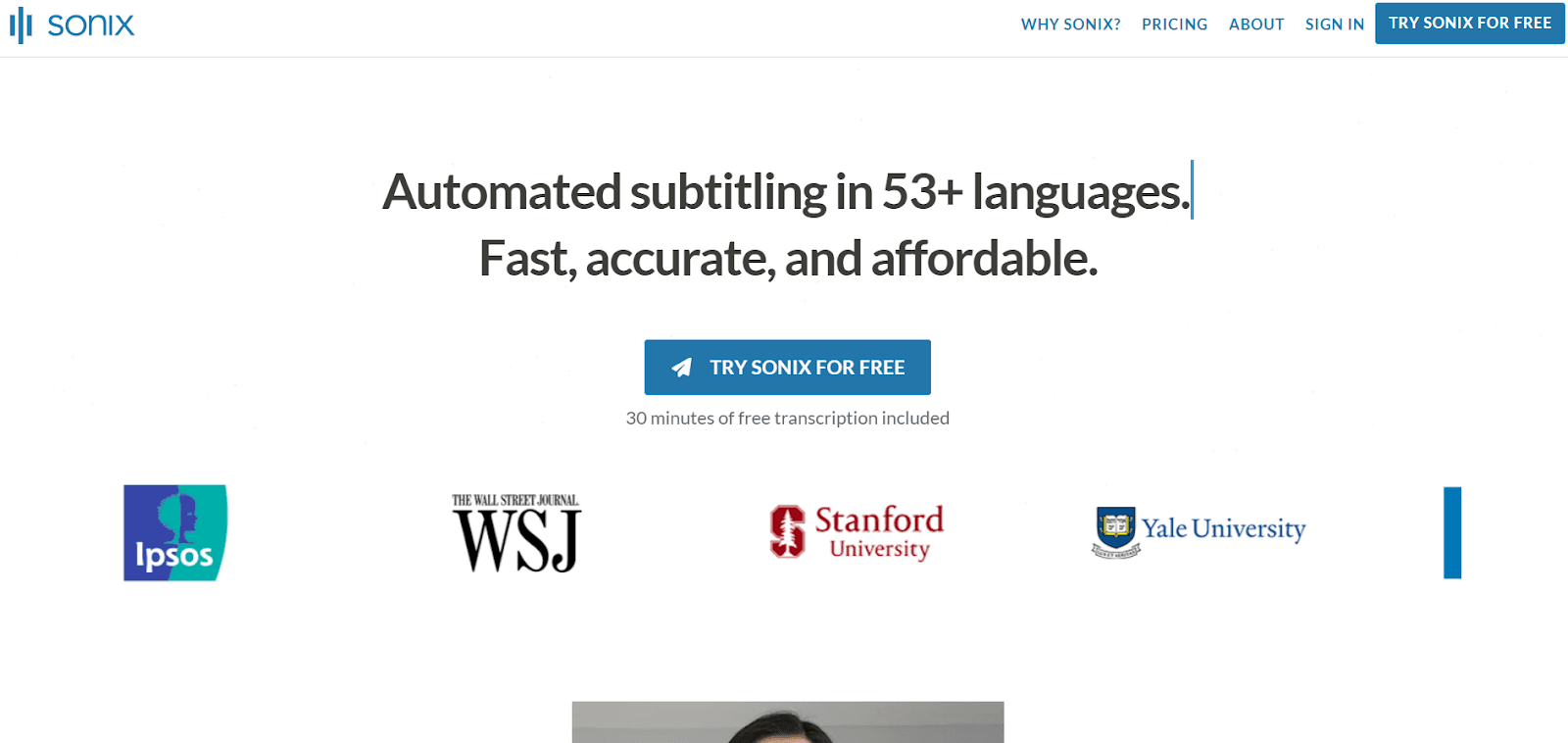 Sonix transcription software homepage highlighting automated subtitling, multilingual transcription, and AI-powered speech-to-text features.