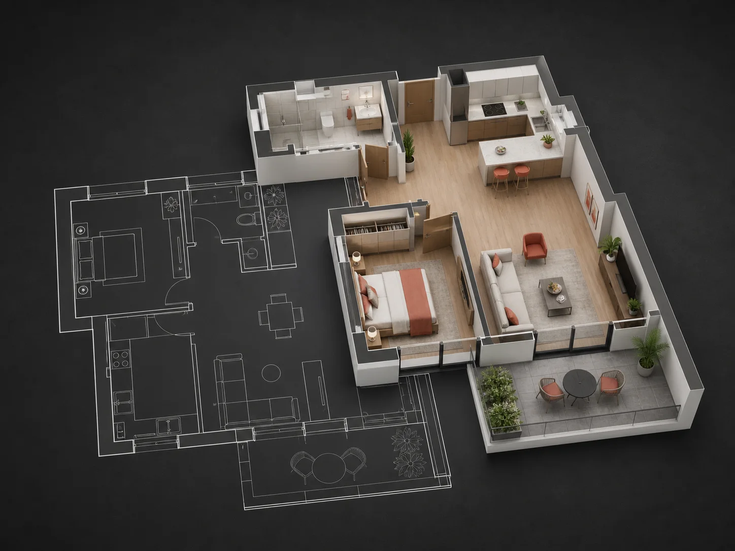 Antwort abgeschlossen: 3D-Grundriss einer möblierten Wohnung mit Terrasse, kombiniert mit einer zweidimensionalen Grundrisszeichnung.