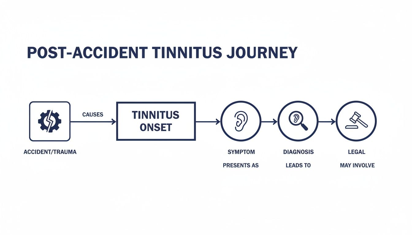 Flowchart showing the post-accident tinnitus journey, from trauma to onset, symptoms, diagnosis, and legal aspects.