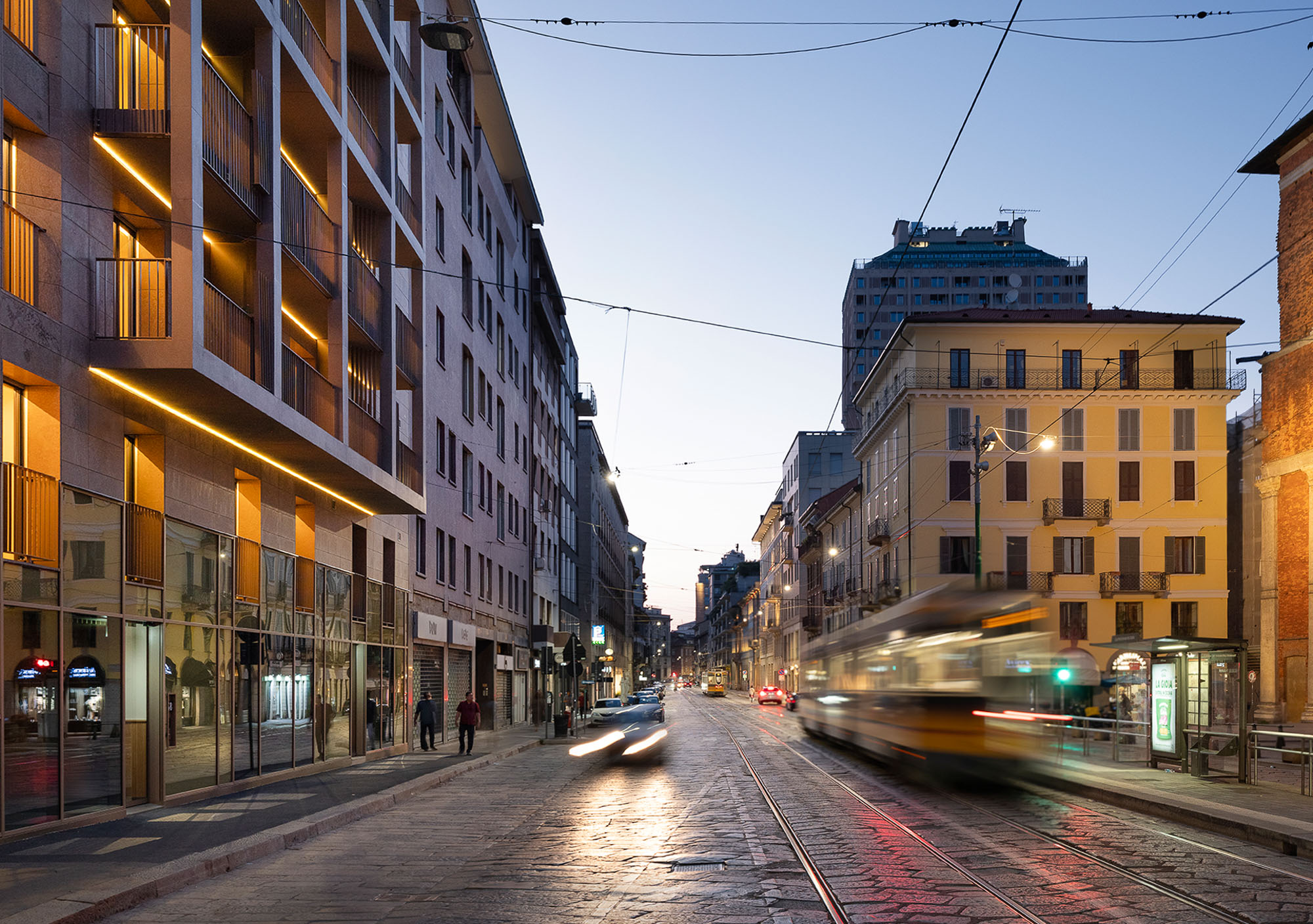 Perspective evening time view of Corso di Porta Romana (Milan, Italy) with the Sonder Building on the left