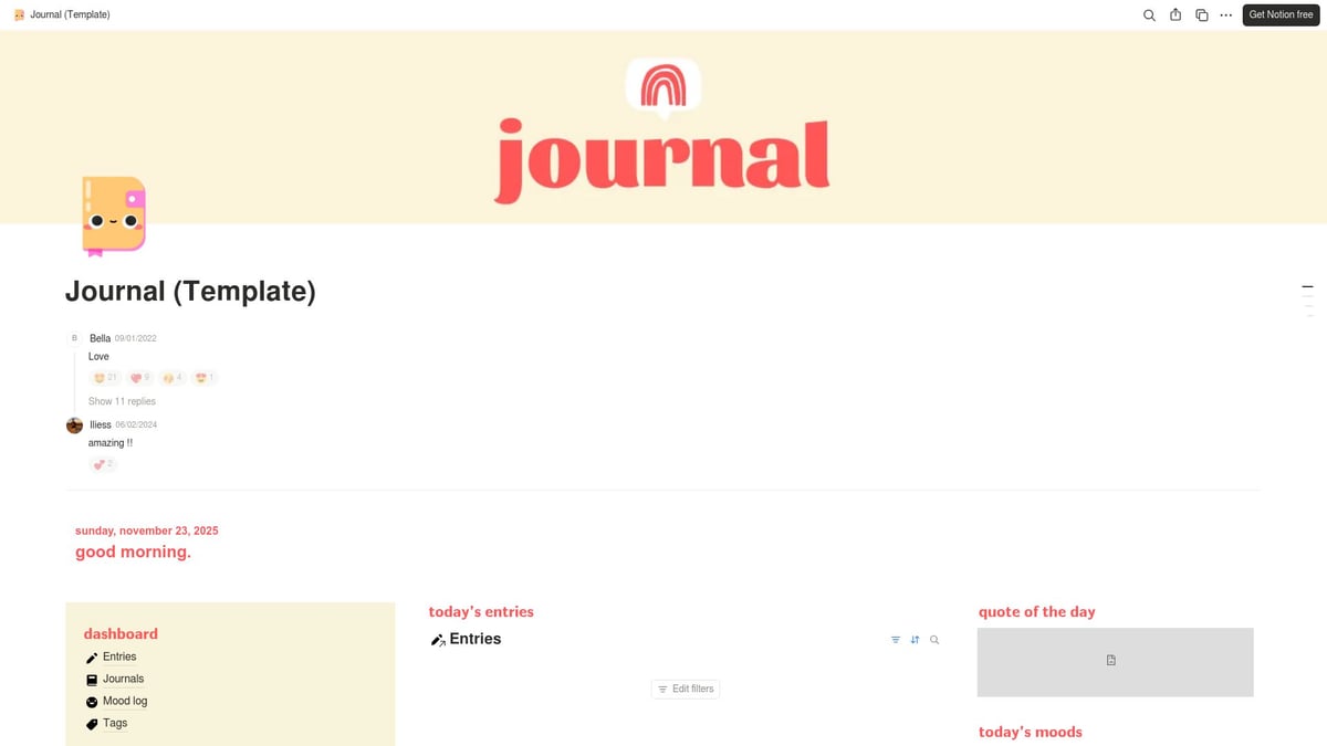 12 Notion Free Templates to Supercharge Your Workflow in 2025 - Journal Dashboard by EllieGons