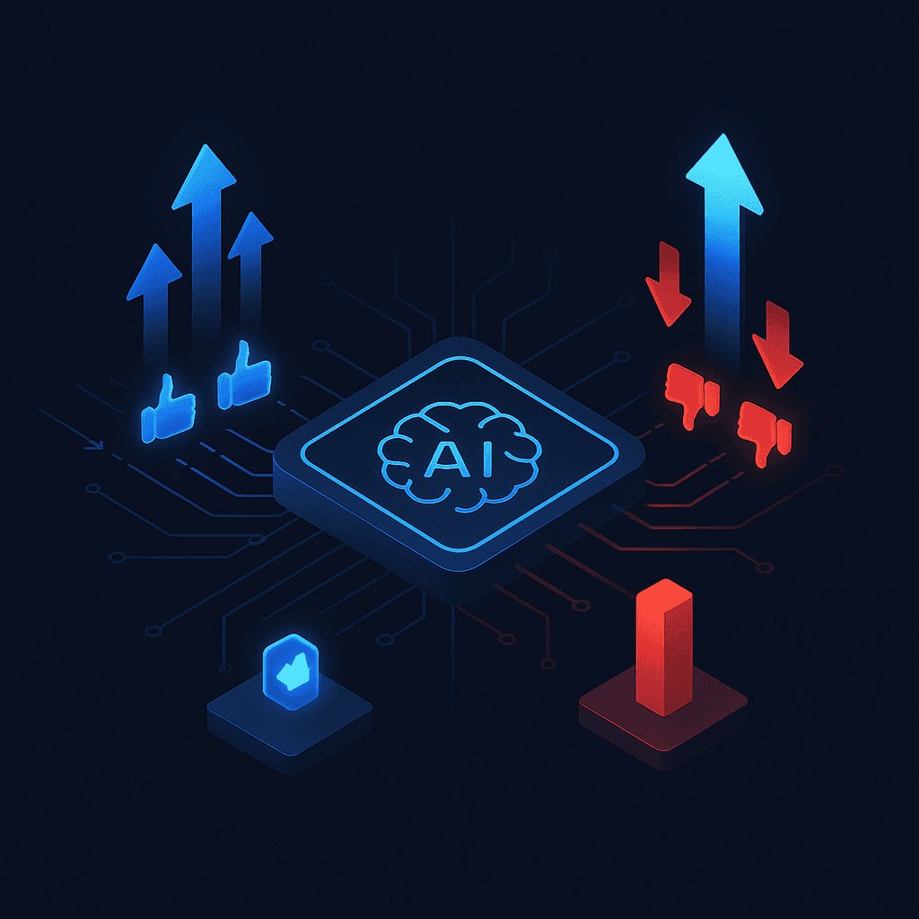 Diagram of AI engine receiving positive and negative sentiment signals that raise or lower performance outcomes