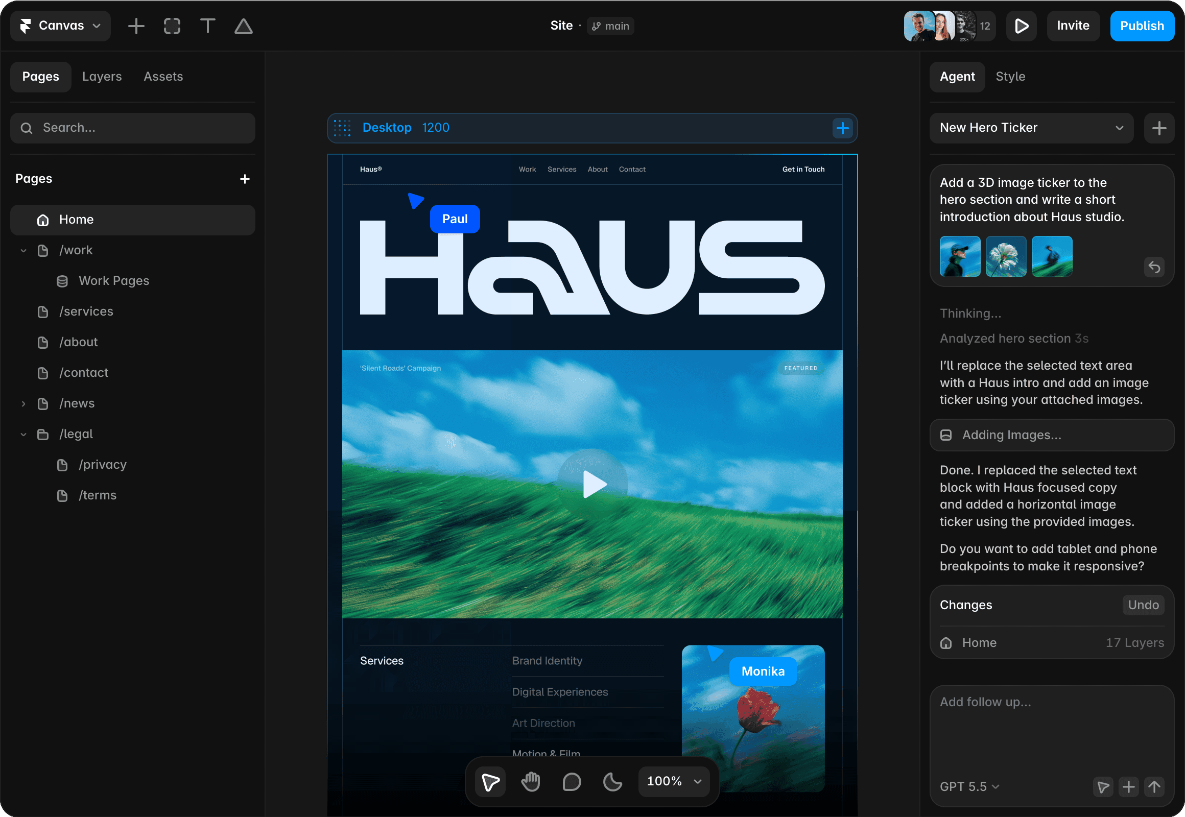 Framer AI agent interface for editing a website in the canvas