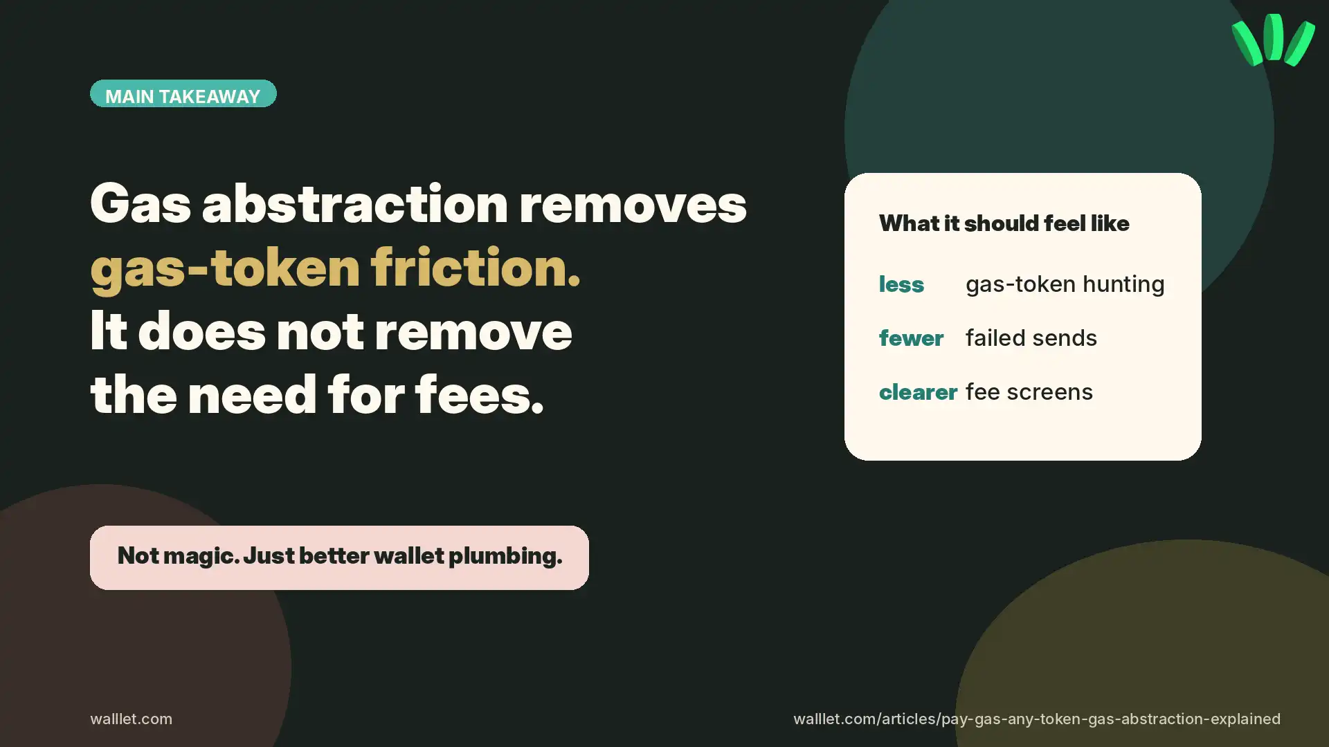 Gas abstraction takeaway card explaining that it removes gas-token friction but not blockchain fees