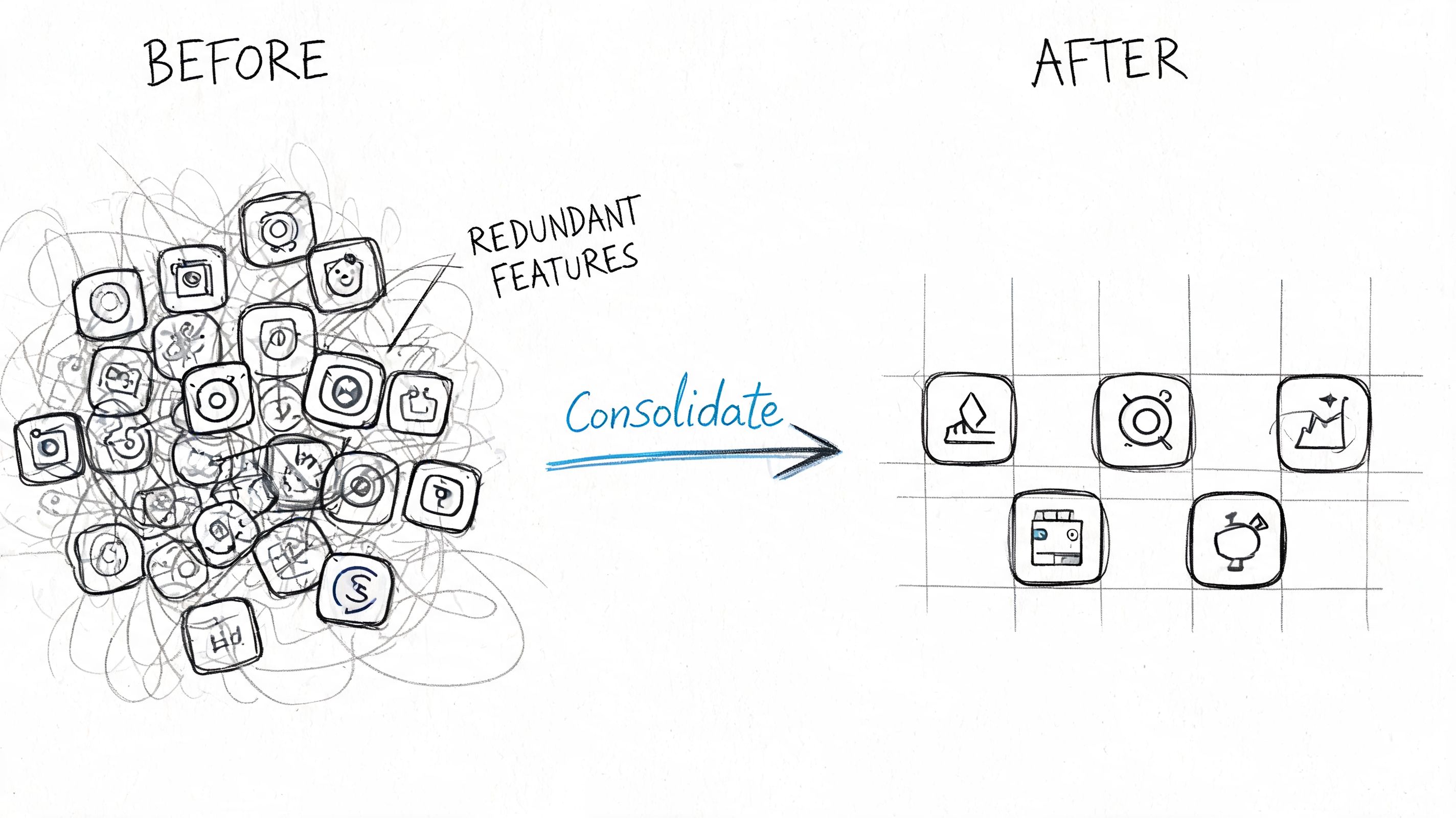 A hand-drawn illustration showing a messy cluster of icons before being consolidated into a clean grid.