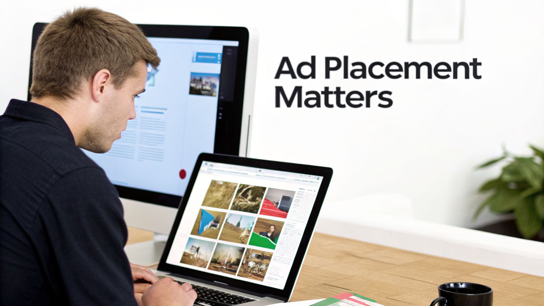 A man works at a desk on a laptop and desktop computer, with “Ad Placement Matters” written on the wall.