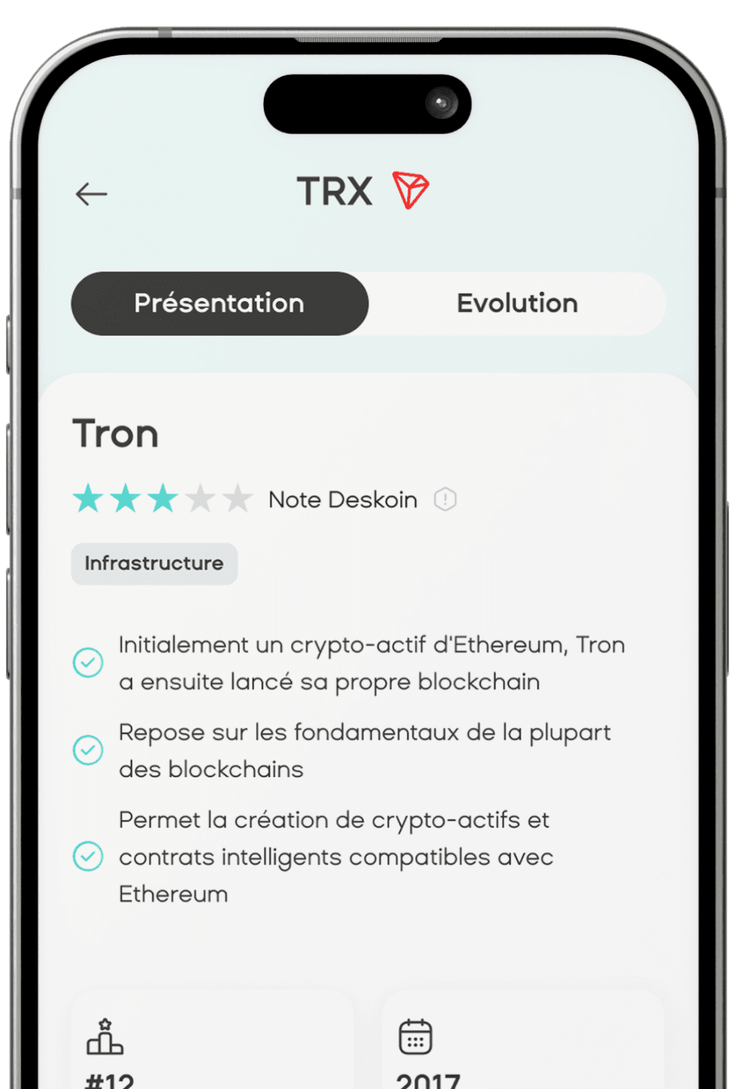 Application Deskoin sur un smartphone avec la page Tron