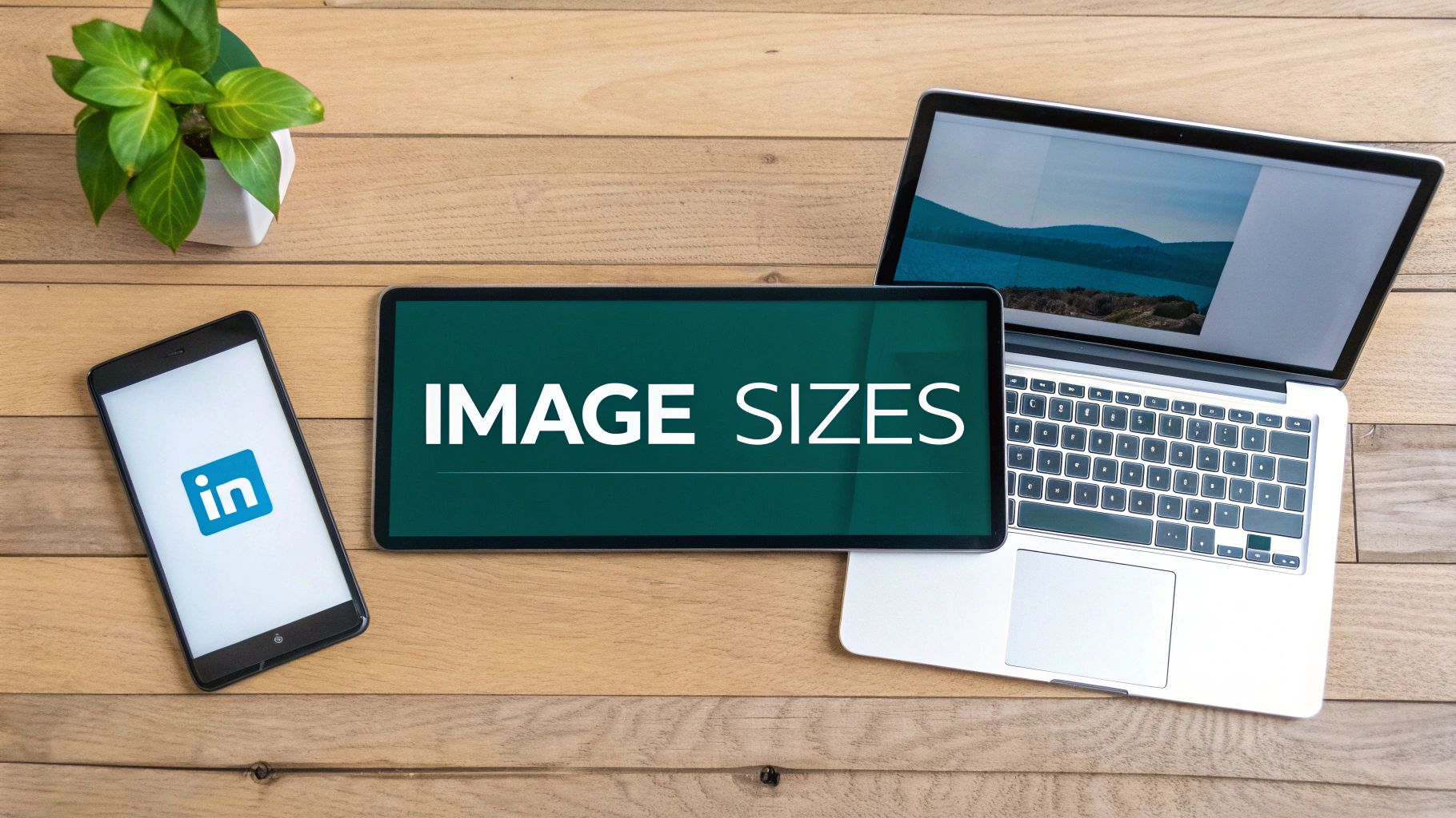 LinkedIn logo on smartphone with laptop and tablet displaying image sizes text on wooden desk