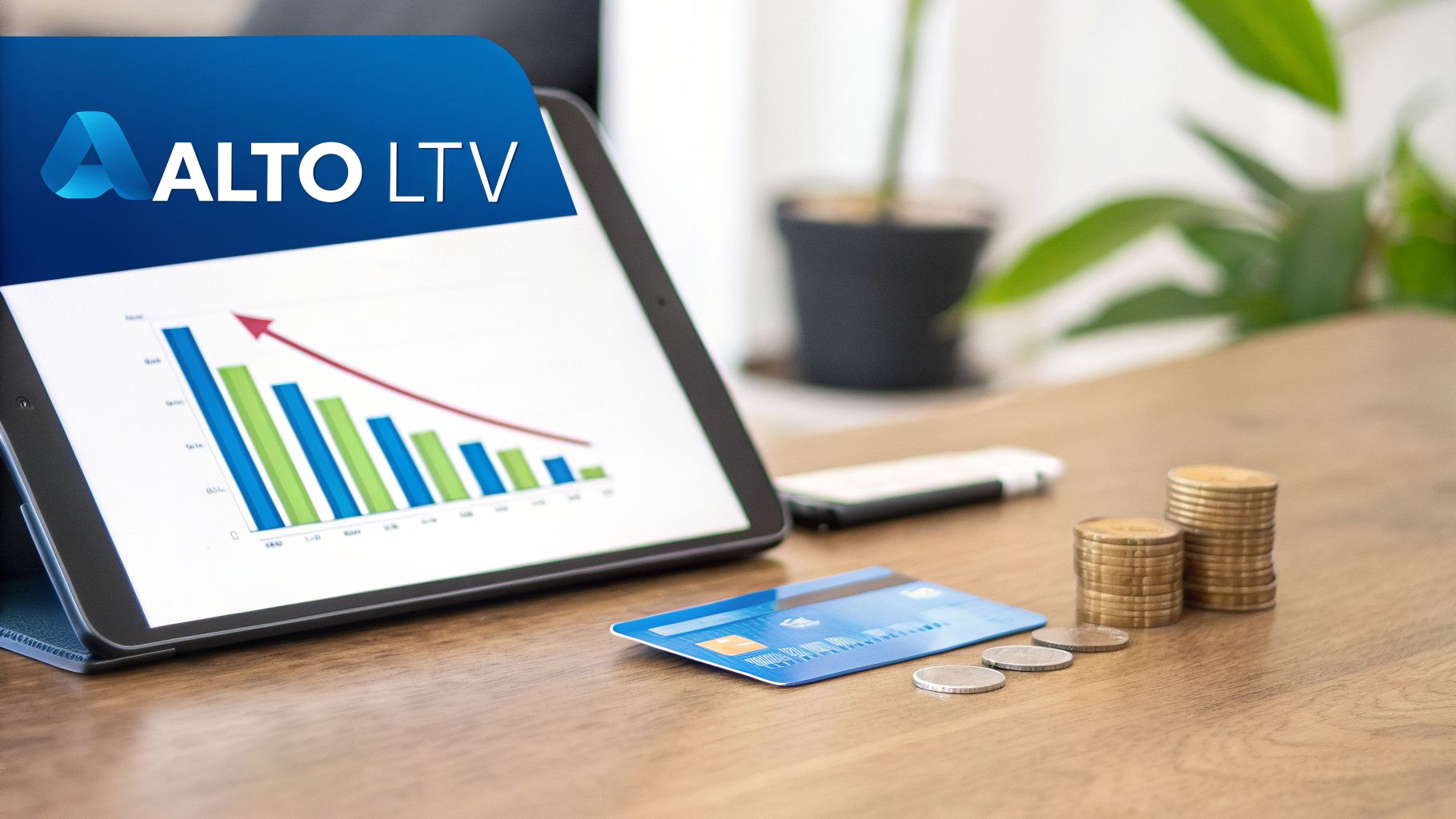Tablet con gráfico de barras y flecha descendente, tarjeta de crédito, monedas y logo Aalto LTV.