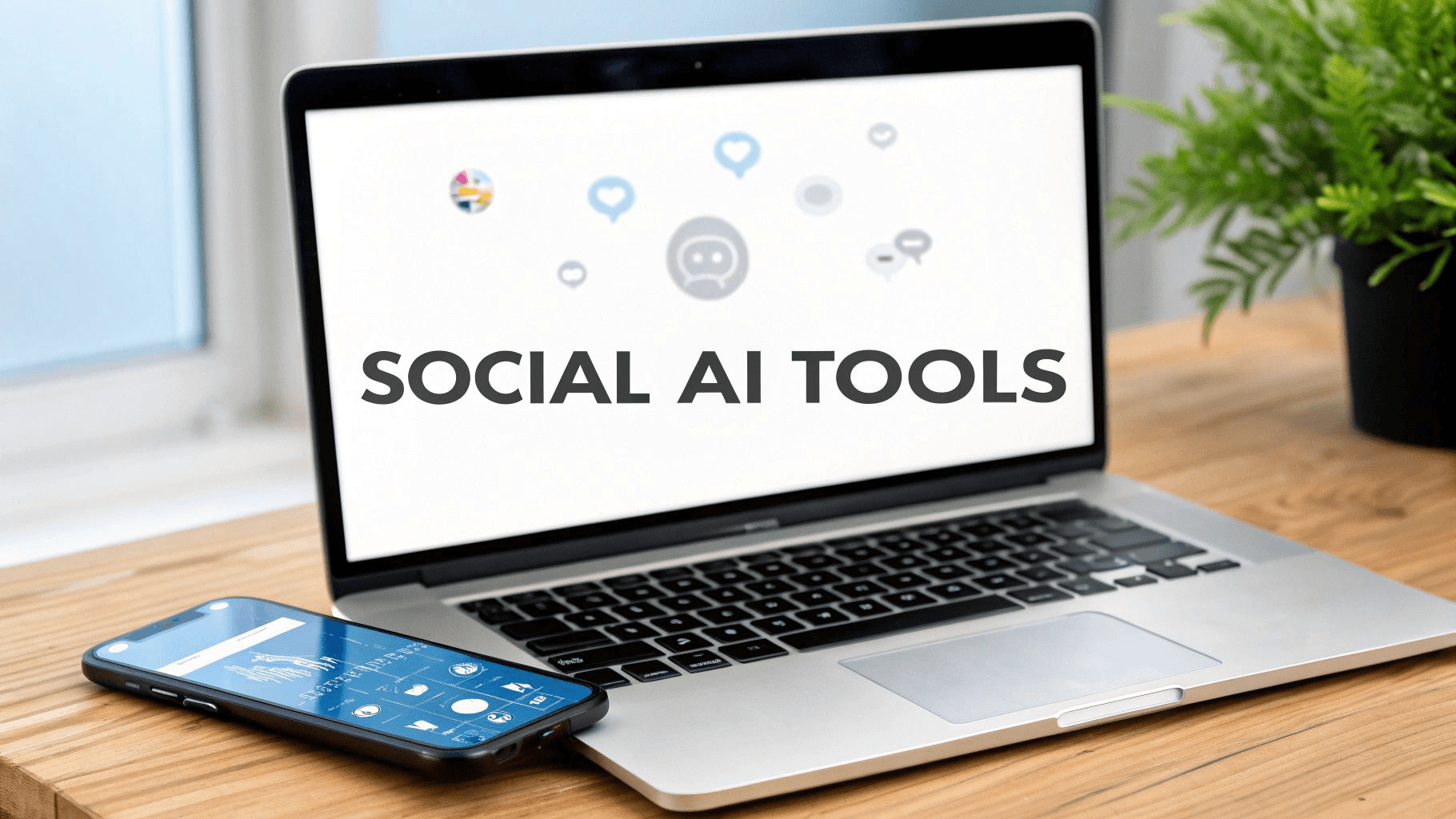 Laptop and phone showing social AI -  AI Tools for Social Media Content Creation