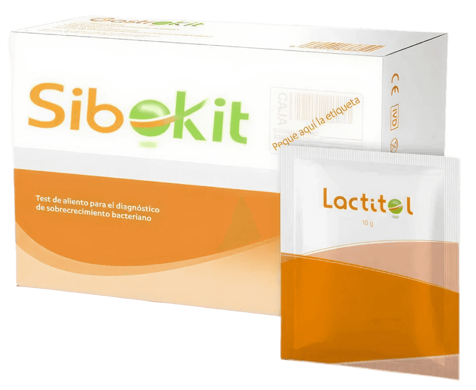 Envase del kit SIBO‑KIT de Isomed Pharma — test de aliento para diagnóstico de sobrecrecimiento bacteriano en intestino delgado (SIBO), incluye sobre de lactitol monohidrato, tubos de recogida de aliento y material para muestras post‑dosis.