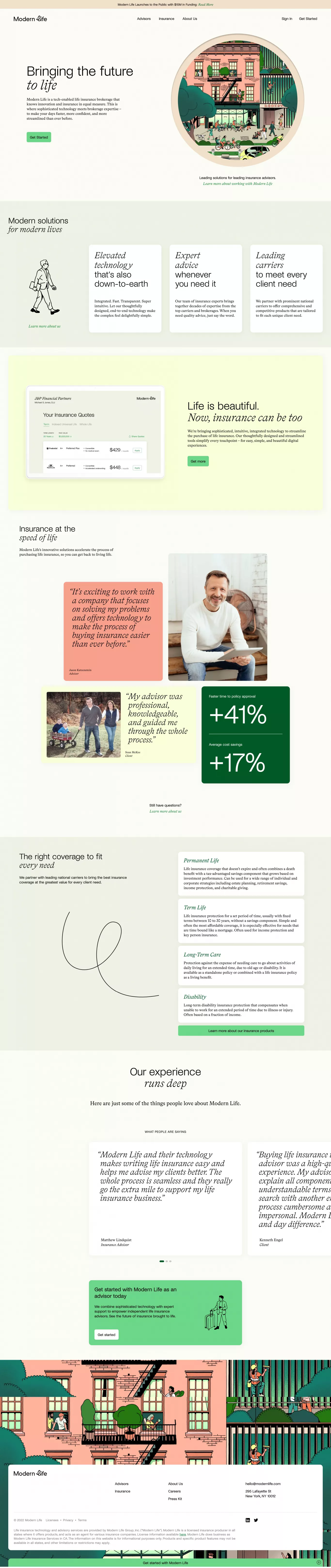 Modern Life – Bringing the future to lif landing page screenshot showcasing Tech and Finance design