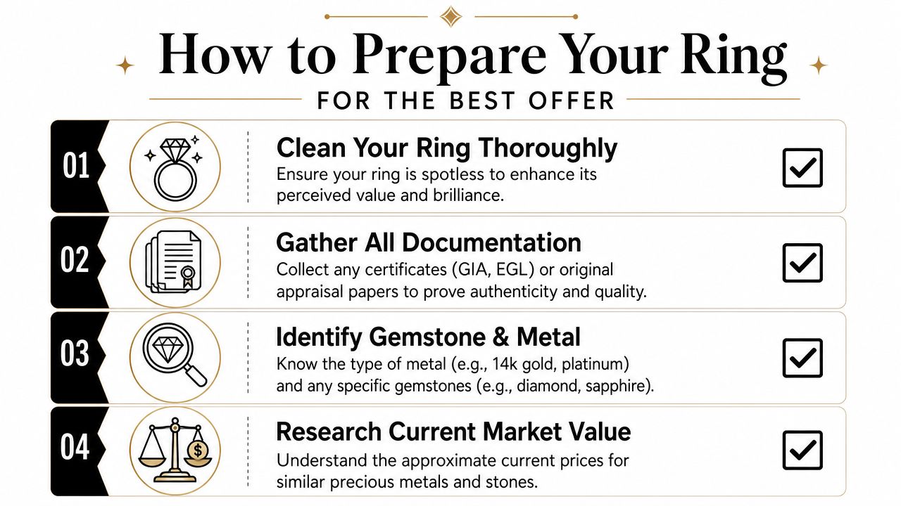 A guide listing four essential steps to prepare a ring for sale or appraisal, including cleaning and documentation.
