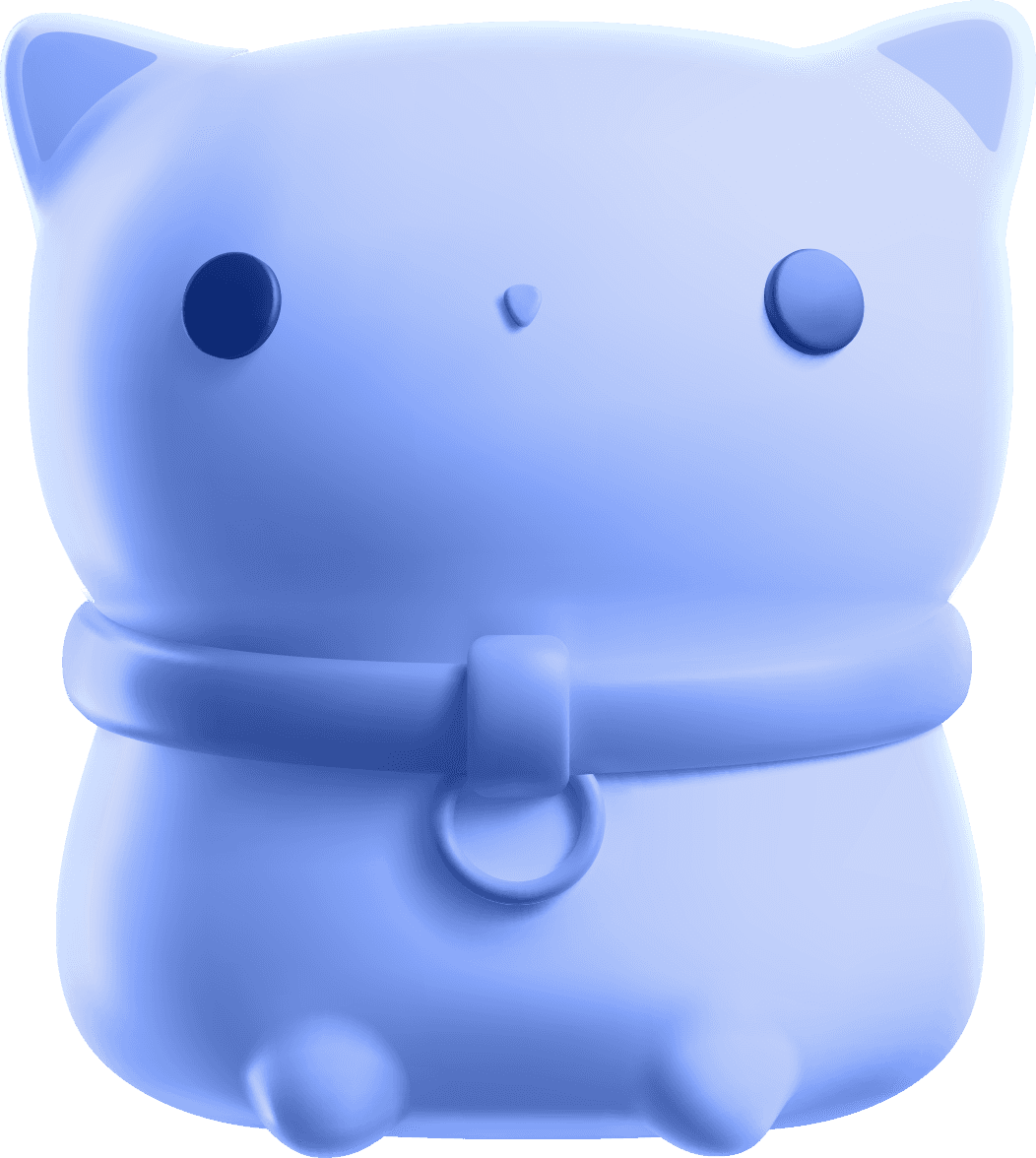 Cute 3D blue cat character with a round body, tiny ears, and a collar, rendered with soft lighting on a black background.