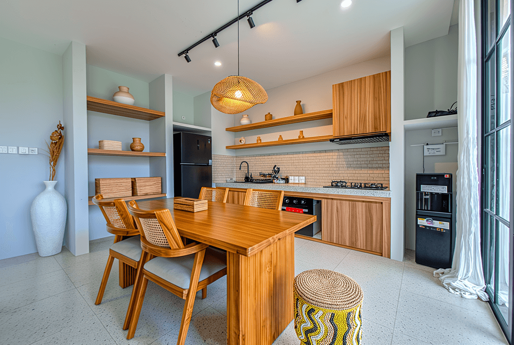 Elegant wooden deck and patio space. Our real estate agency specializes in unique Bali residential properties.