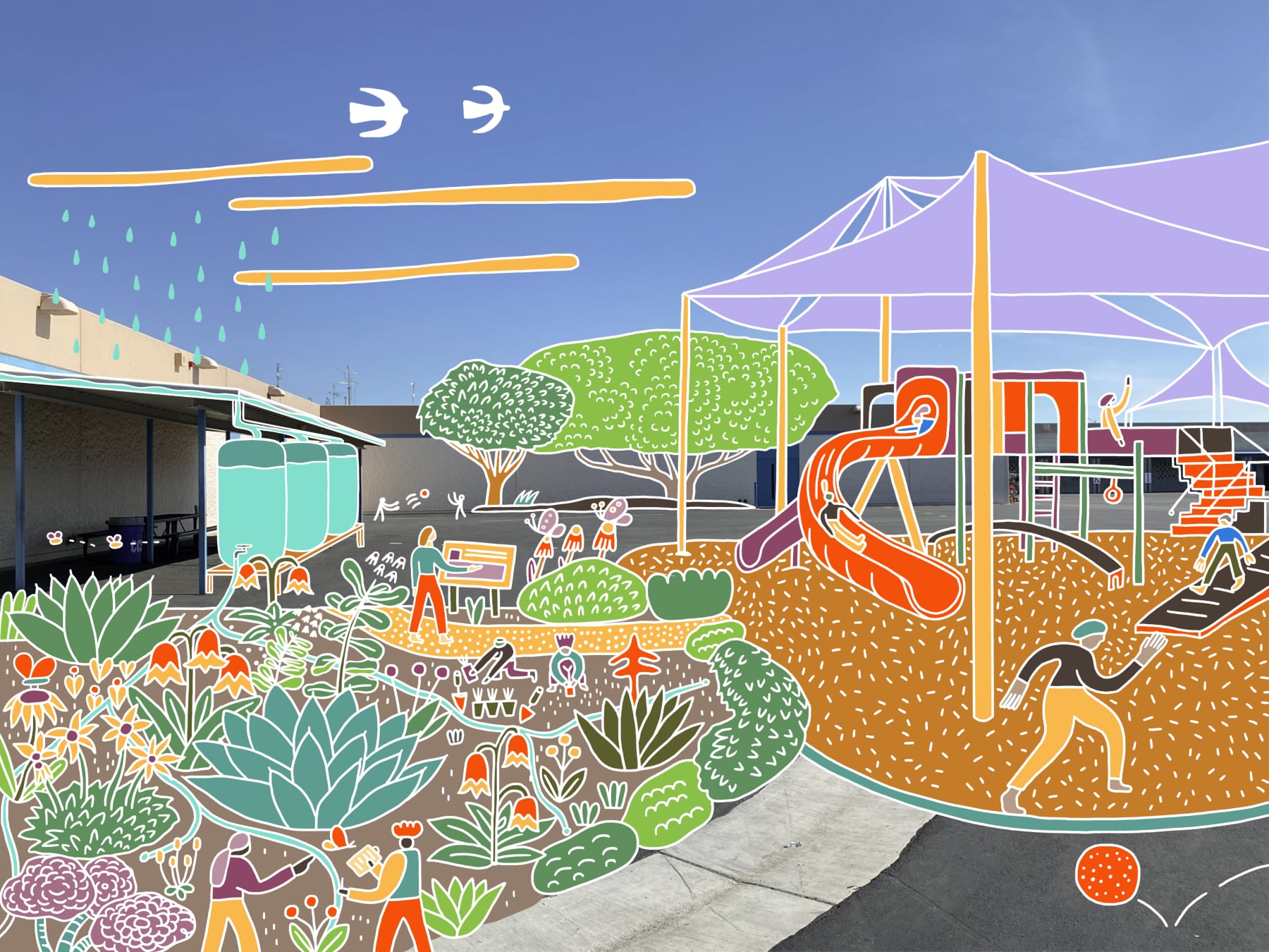An asphalt schoolyard overlaid with colorful illustrations of trees, rainwater tanks, a native plant garden, and children playing in a shaded playground.