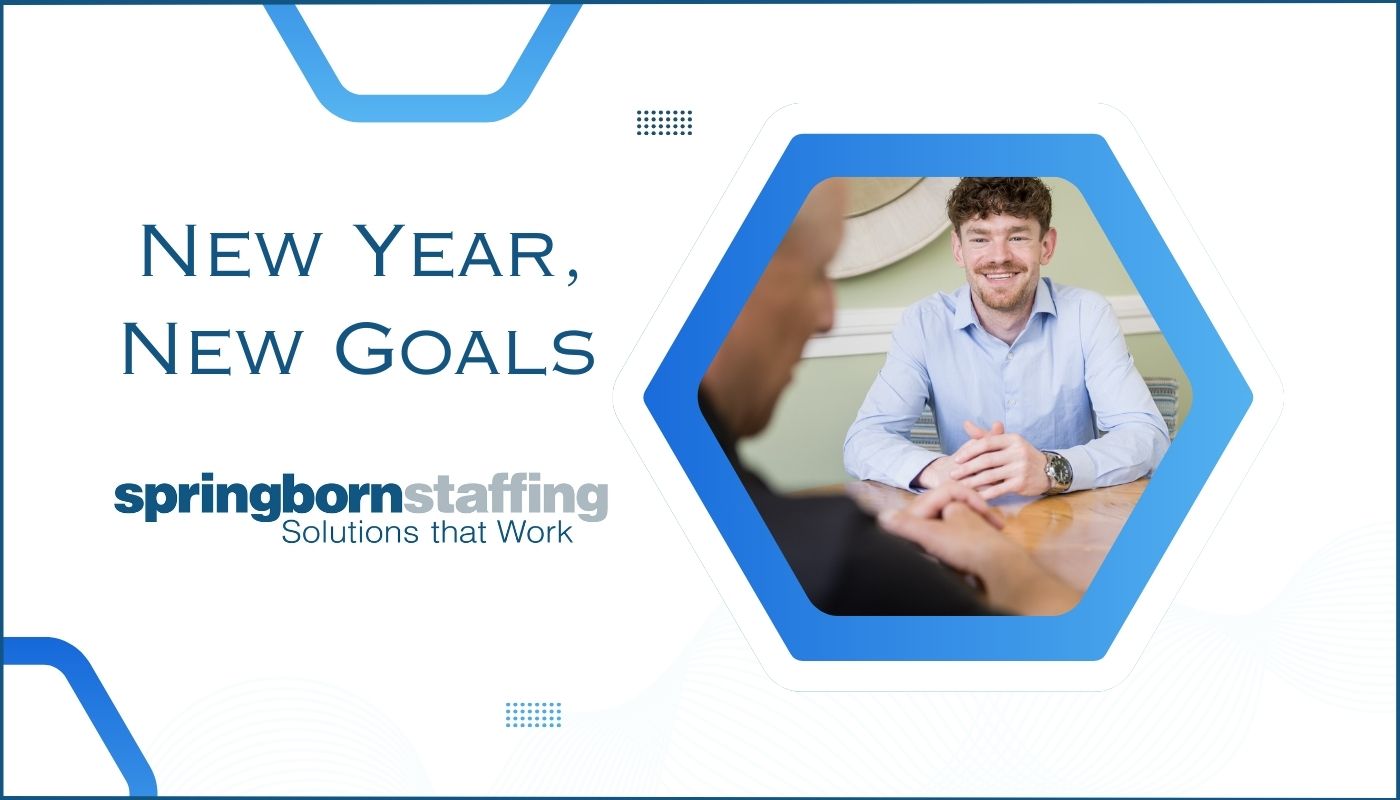 New Year New Goals graphic with image of employee