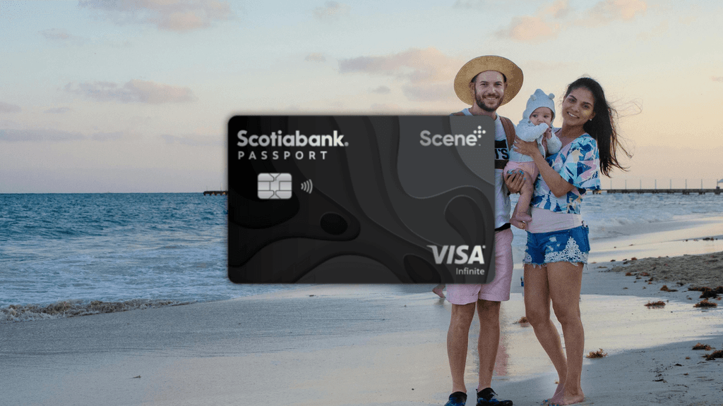 A young immigrant family standing on a beach at sunset, overlaid with the black Scotiabank Passport Visa Infinite credit card.