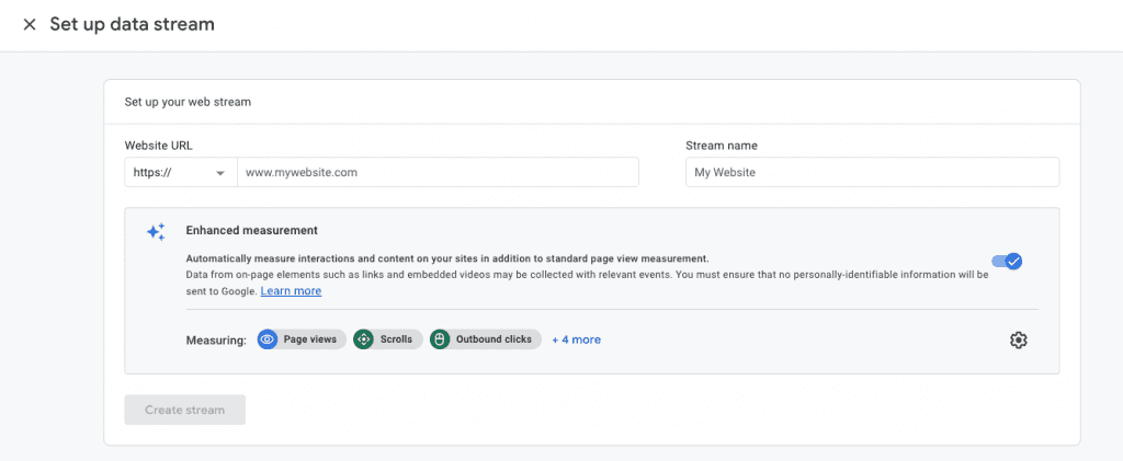GA4 Set up data stream screen for entering the website URL and stream name