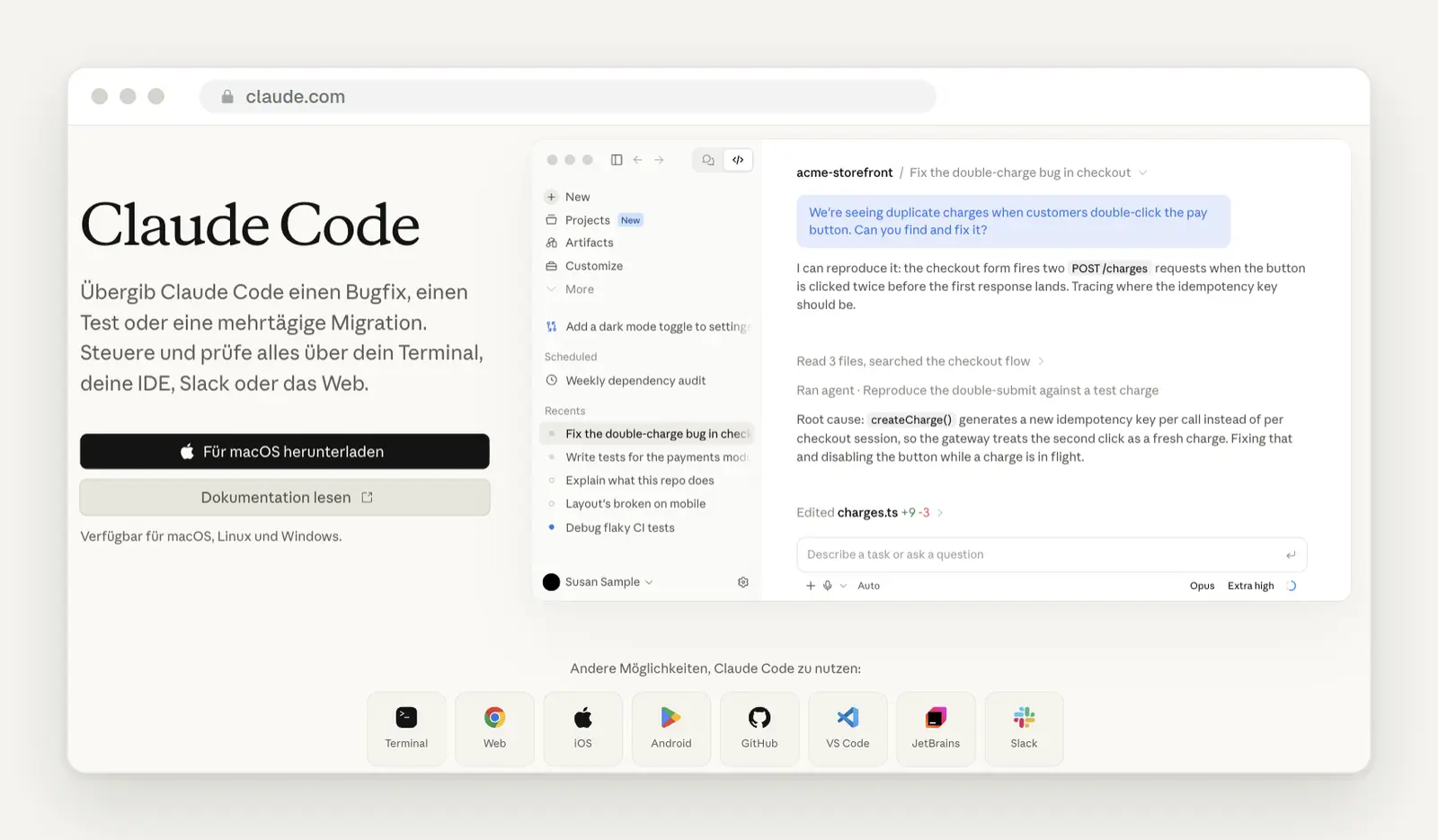 Claude Code in der Desktop-App auf der Produktseite von Anthropic