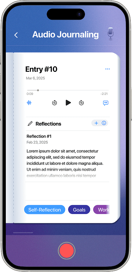 Prototype screenshot of one specific entry in the audio journaling space. It has the recording, tags, and a space for "reflections"..