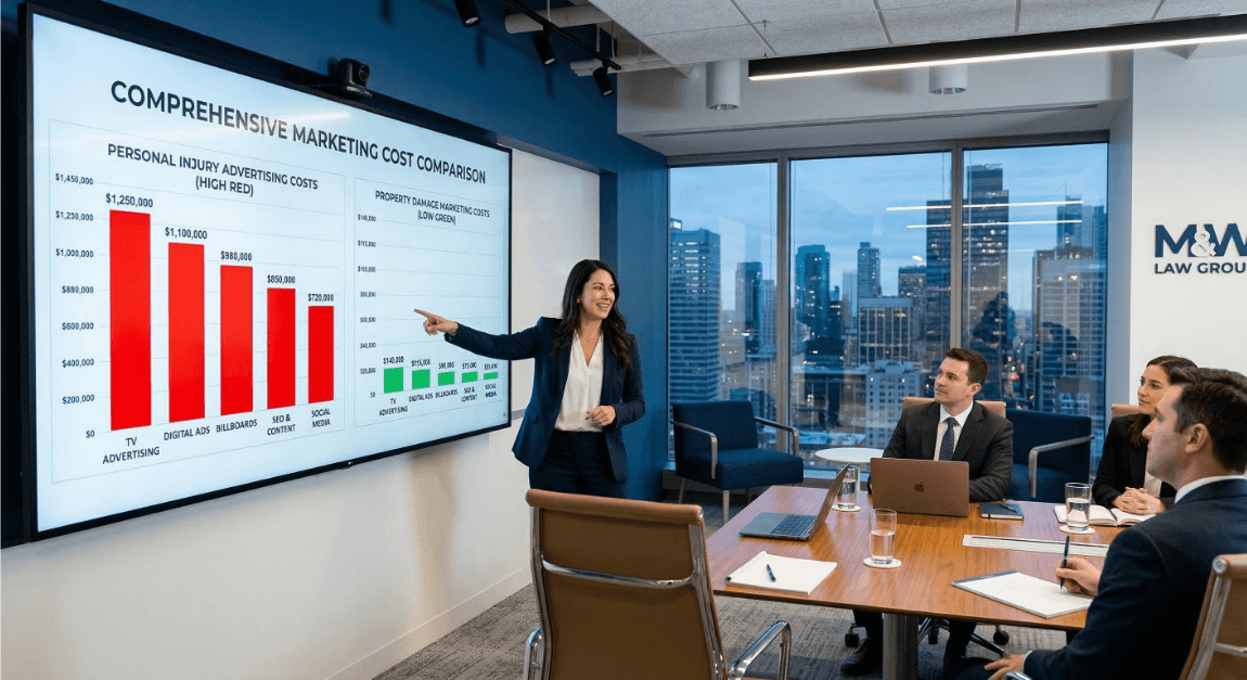 Marketing cost comparison chart showing personal injury law firm marketing versus property damage advertising economics
