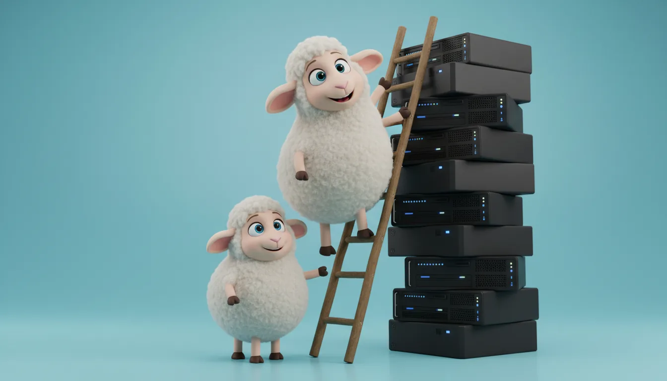 High-quality 3D render in the style of Blender, Pixar animation aesthetic, featuring two adorable, fluffy cartoon sheep characters. A smaller sheep stands on the ground, holding the base of a wooden ladder. A larger sheep climbs the ladder, which leans against a tall stack of matte black server rack units. The sheep have soft white woolly textures and friendly expressions. The scene is lit with soft global illumination against a clean studio backdrop with a teal and light blue gradient.