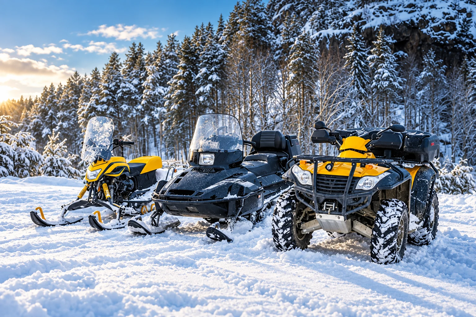 ATV and snowmobiles on a snowy woodland trail
