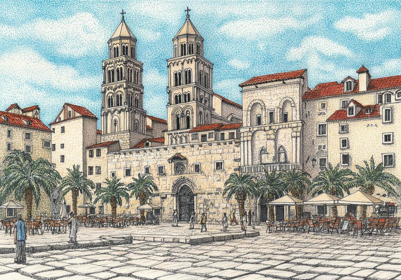 Detailed illustration of a Croatian coastal town square, showcasing tall Romanesque bell towers, palm-lined plazas, and stone-built façades with red-tiled roofs under a bright Mediterranean sky.