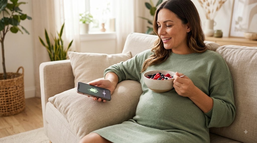 A smiling pregnant woman in a sage green dress, relaxed on a modern couch, speaking into a smartphone displaying a meal logging app interface. She holds a bowl of fresh berries, demonstrating hands-free nutritional tracking.