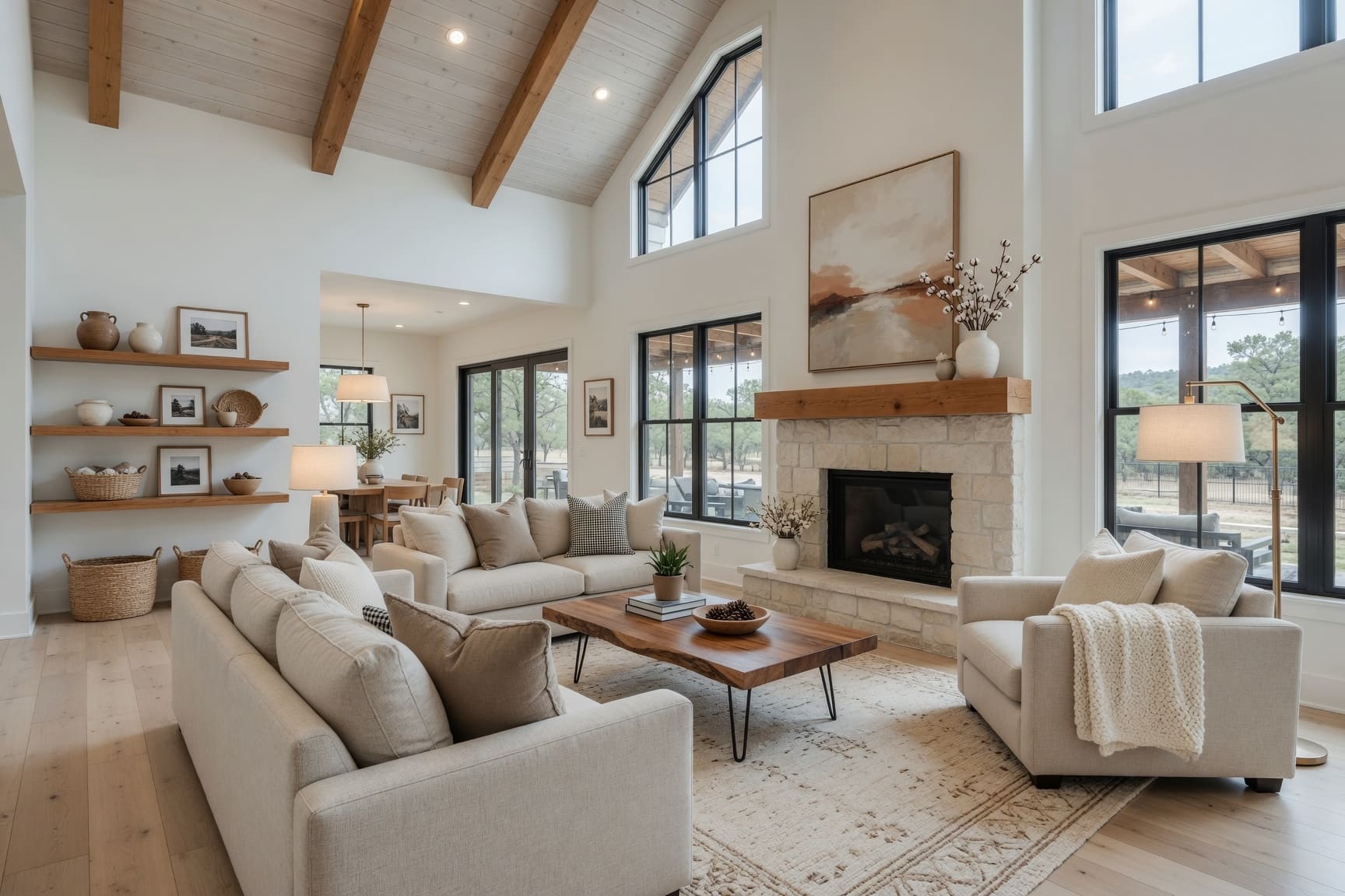 Living room with vaulted wood beam ceiling and stone fireplace
