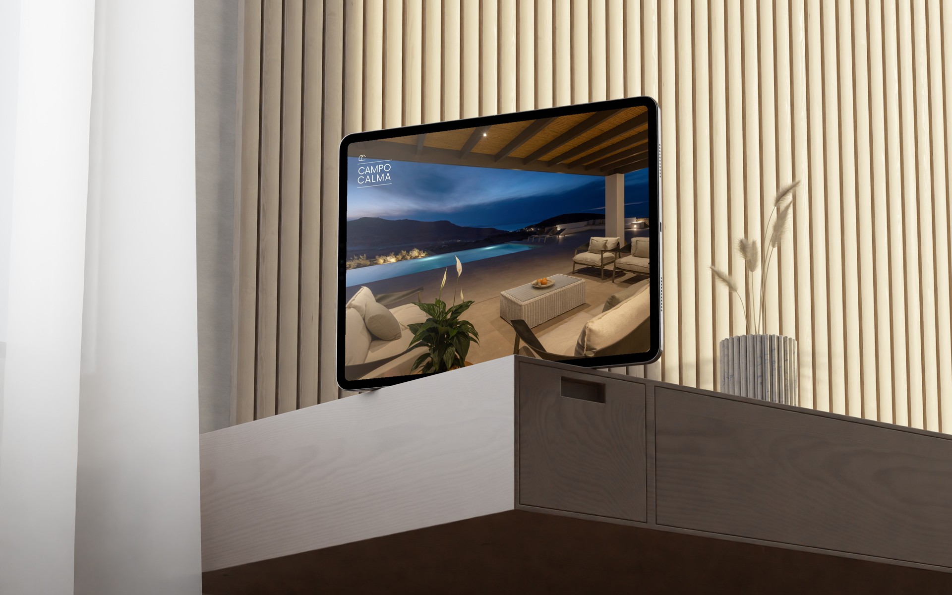 Digital application of the Campo Calma identity on a tablet interface, highlighting spatial and hospitality experience