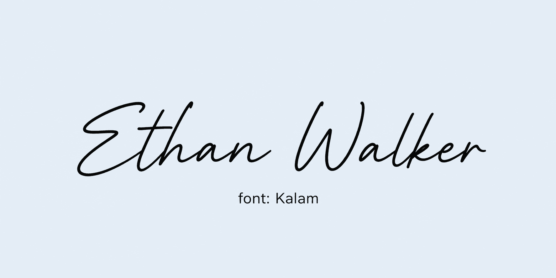 Sample name signed in a cursive signature font on a light background, with the font name labeled below.