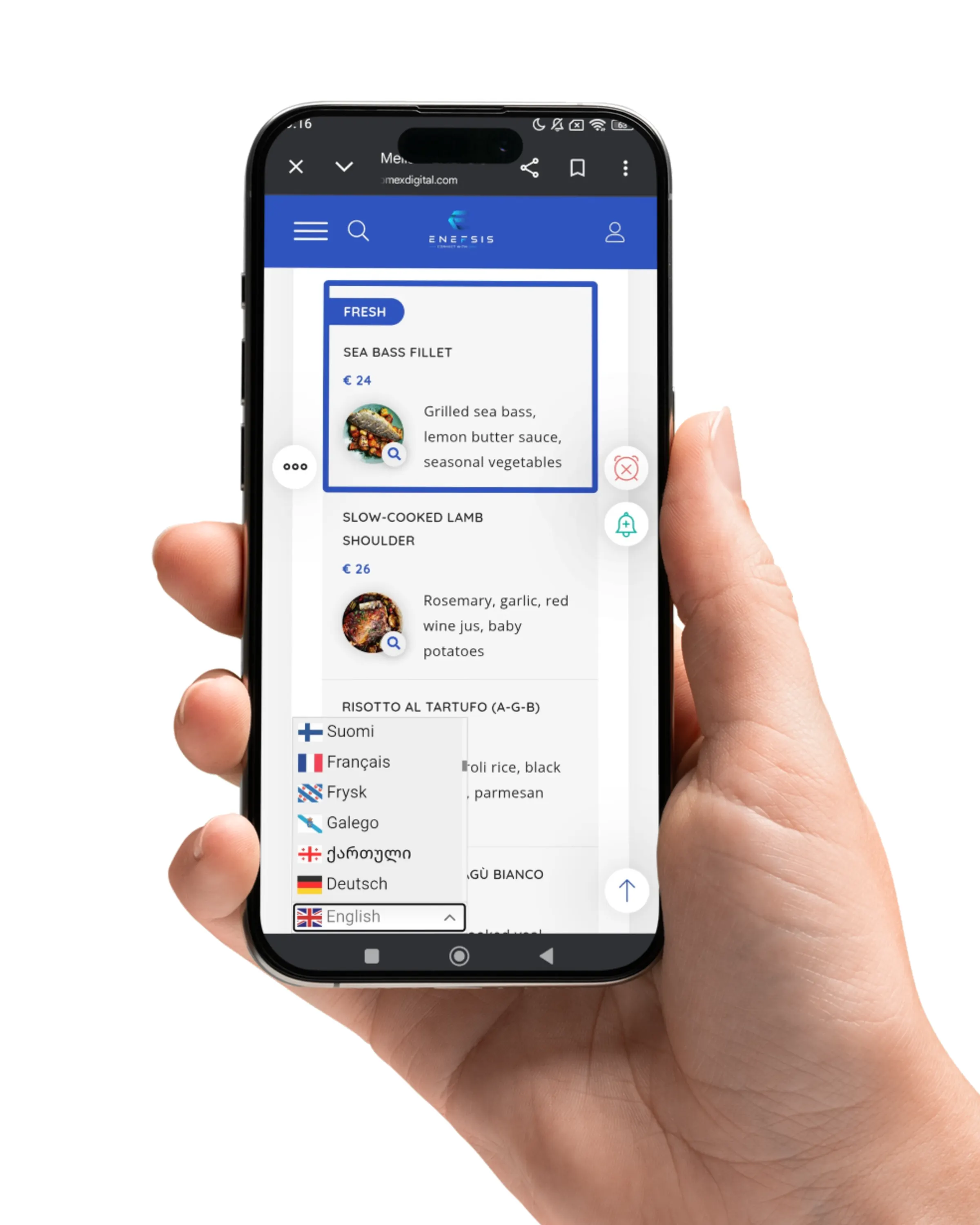 Smartphone displaying a digital restaurant menu with food items, prices, and descriptions after tapping NFC