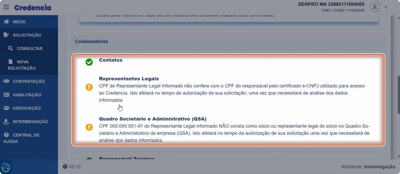 Captura de tela de referência do Credencia para Passo 11 — Conferir os avisos e pendências antes da submissão. Contexto: 40 — Revisão — Solicitação de consulta.