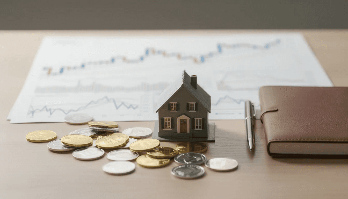 The image showcases a diverse collection of assets, including shiny coins, a small model of a house, and colorful stock charts, symbolizing the financial opportunities available to lottery winners. This representation highlights the importance of financial education and planning for managing newfound wealth effectively.